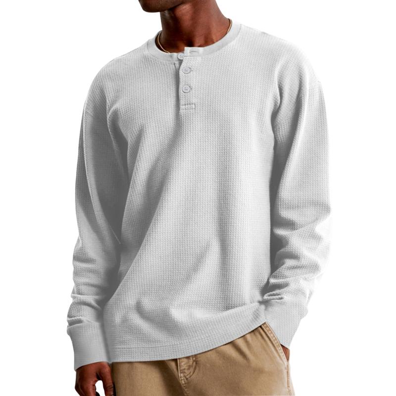 Men's Casual Waffle Henley Collar Loose Long Sleeve T-Shirt