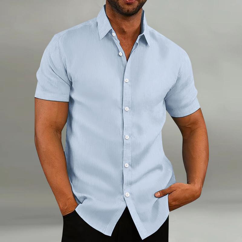 Men's Casual Cotton Linen Loose Lapel Slim Fit Short-sleeved Shirt