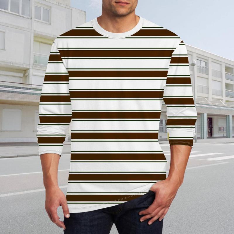 Men's Round Neck Printed Striped Long Sleeve T-shirt