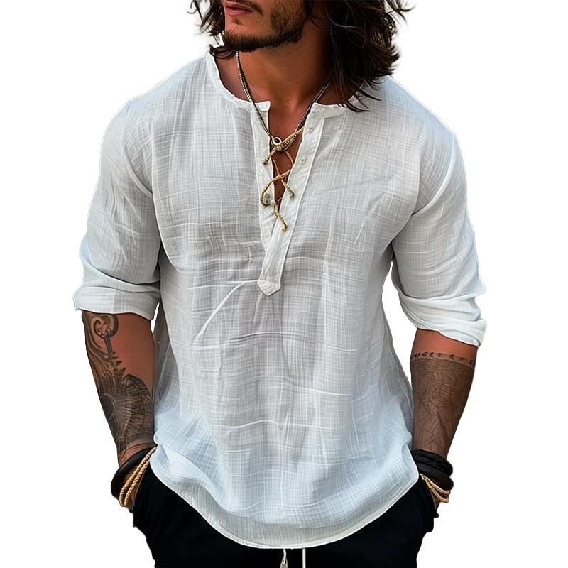 Men's Solid Linen Lace-up Round Neck Long Sleeve Casual Shirt