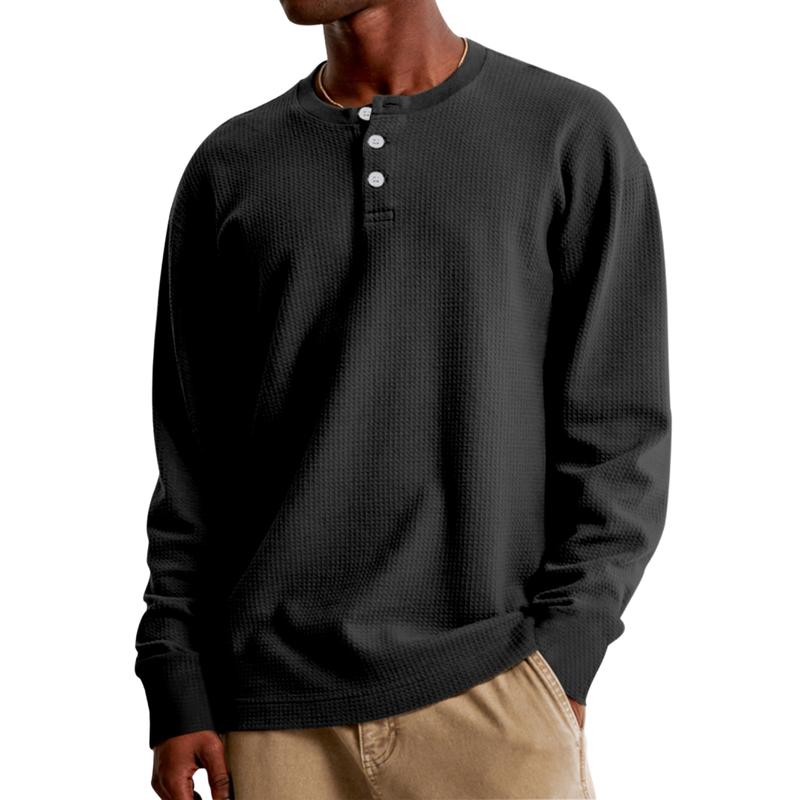 Men's Casual Waffle Henley Collar Loose Long Sleeve T-Shirt