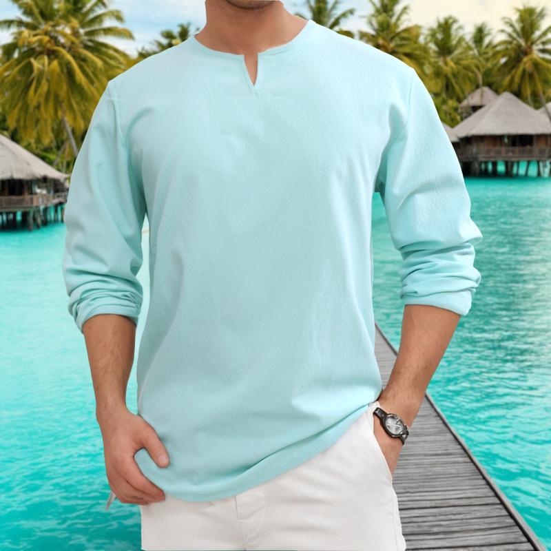 Men's Retro Casual Solid Color Small V Neck Long Sleeve T-shirt