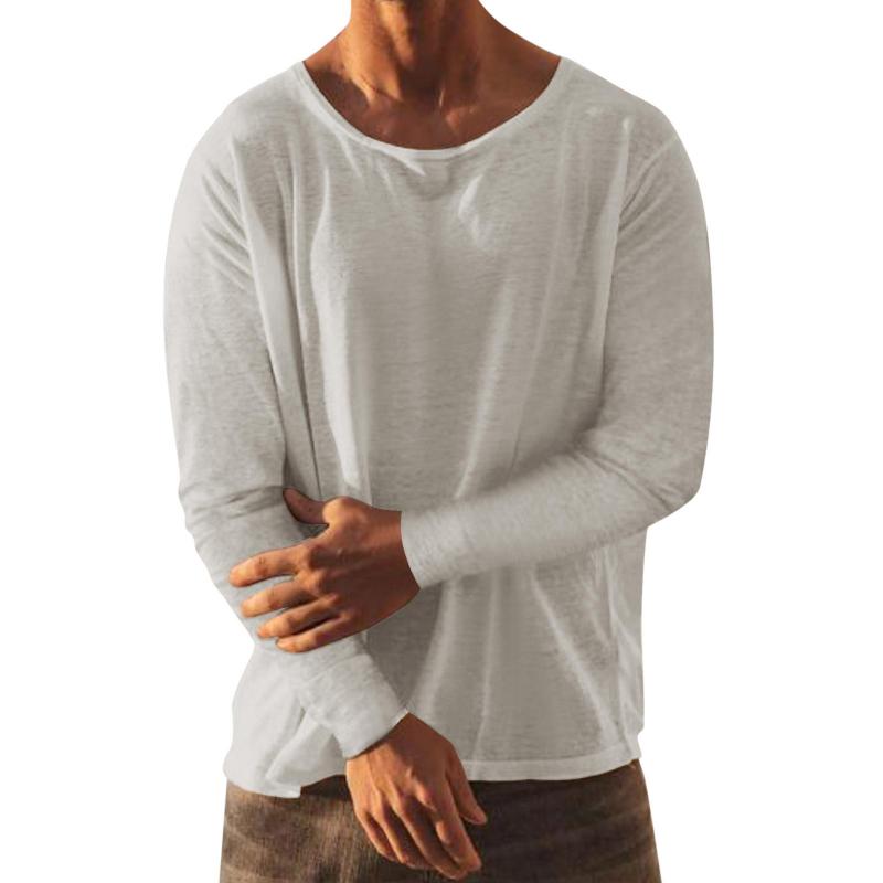 Men's Solid Loose Round Neck Long Sleeve Linen T-shirt