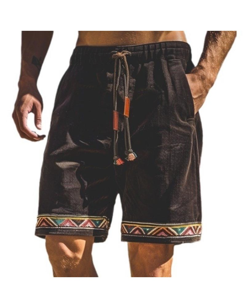 Men's Retro Ethnic Style Corduroy Elastic Waist Shorts