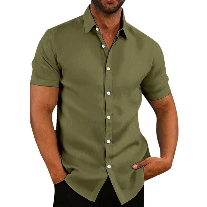 Men's Casual Cotton Linen Loose Lapel Slim Fit Short-sleeved Shirt