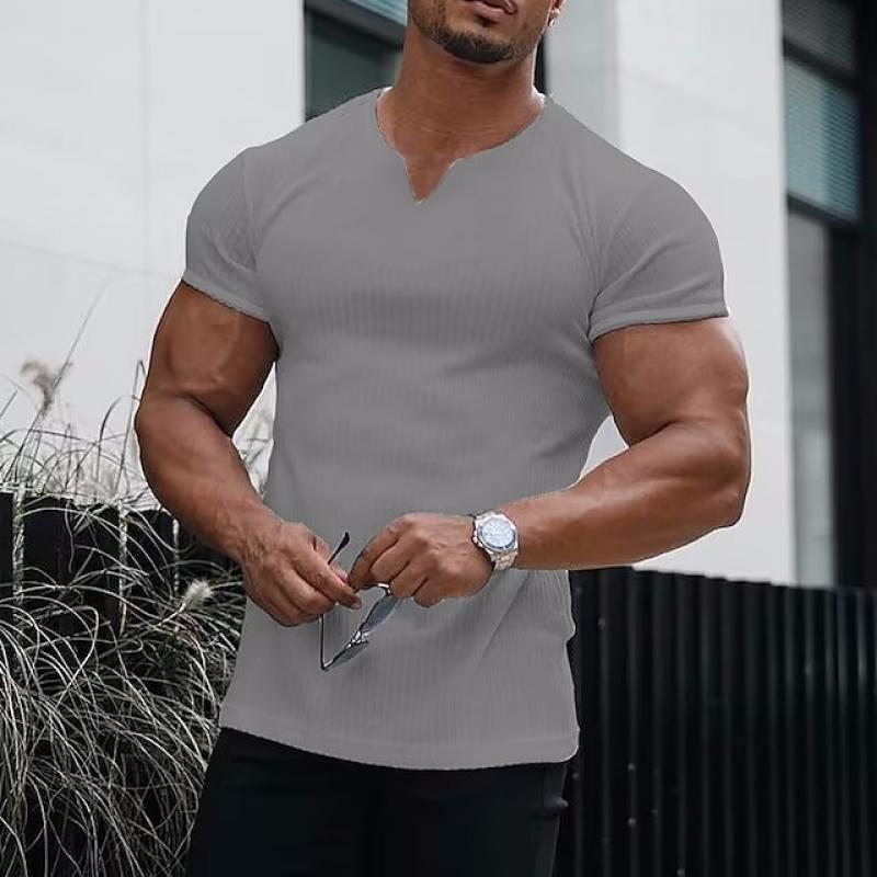 Men's V Neck Solid Striped Short Sleeve T-shirt