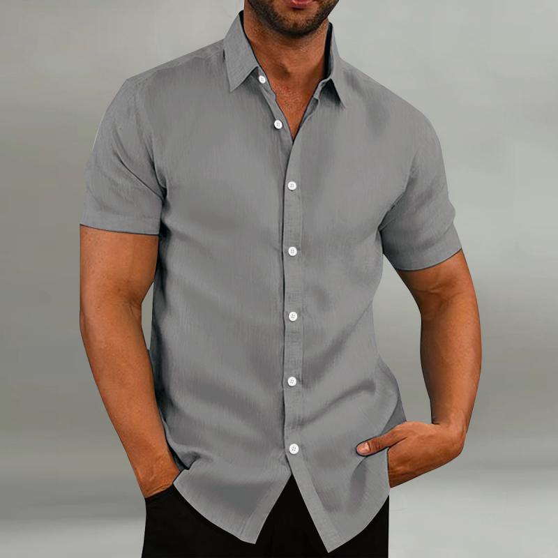 Men's Casual Cotton Linen Loose Lapel Slim Fit Short-sleeved Shirt