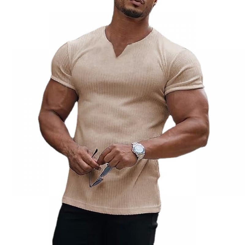 Men's V Neck Solid Striped Short Sleeve T-shirt