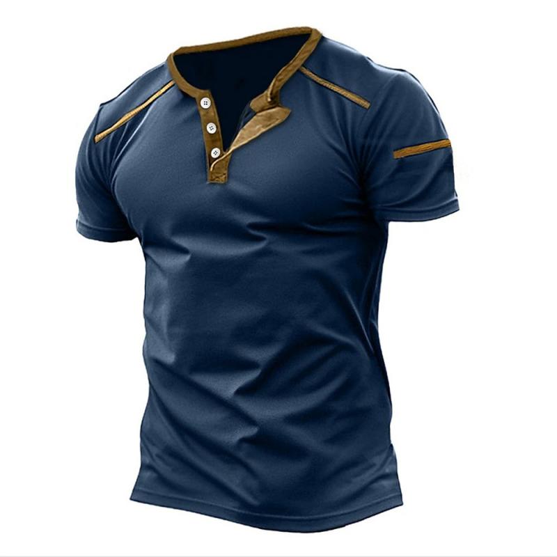 Men's Color Block Henley Collar Short Sleeve T-Shirt