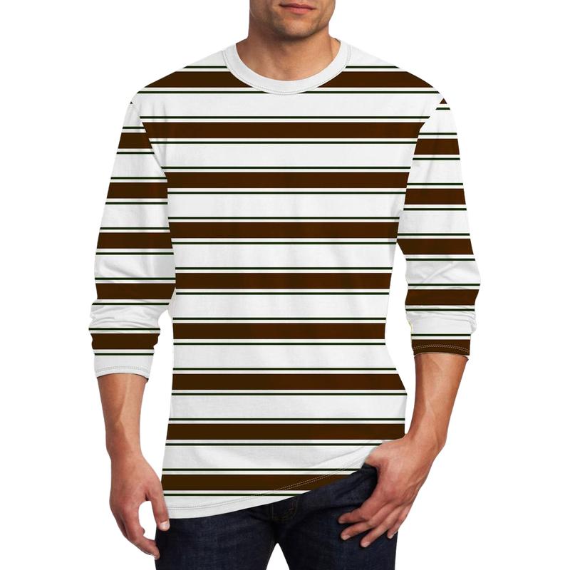 Men's Round Neck Printed Striped Long Sleeve T-shirt