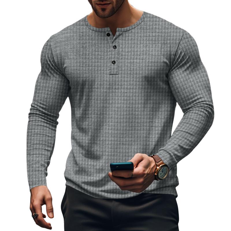 Men’s Casual Vintage Long Sleeve Henley T-Shirt with a Unique Solid and Checkered Design Ideal for Relaxed, Stylish Days